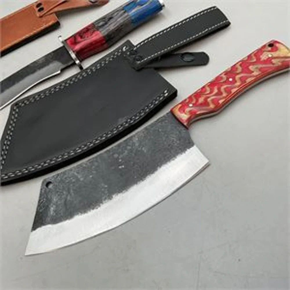 Shareez & Sons Forged Steel Bowie Knife and Meat Cleaver Set Leather Sheaths